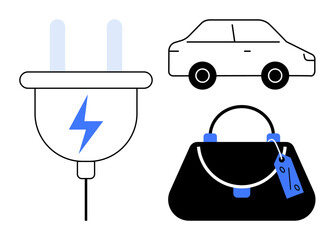 Electric plug with blue lightning bolt, car side view outline, handbag with blue tag. Ideal for themes of energy, transportation, fashion, minimalist design, technology, lifestyle eco-friendly