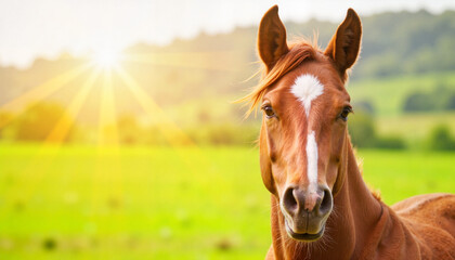 Fototapeta premium Radiant Peruvian Paso horse in vibrant pasture at sunrise, beauty of nature