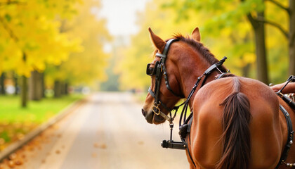 Obraz premium Cleveland Bay horse pulling carriage in autumn park, serene beauty