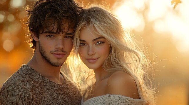 Romantic park scene during golden hour with a couple in their 30s, husband dressed casually with wavy brown hair, wife in a light sweater with flowing blonde locks, smiles conveying deep affection, 