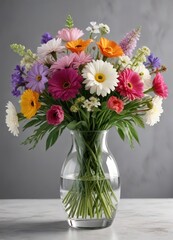 A bouquet of fresh flowers in a clear glass vase , arrangement, romance, decoration