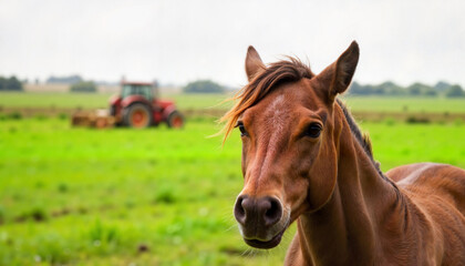 Percheron gelding grazing in fertile farmland, rural tranquility