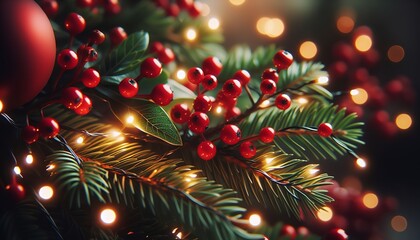 A close-up of a Christmas decoration with red berries, green leaves, pine needles, and warm white string lights, creating a cozy holiday atmosphere.