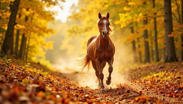Bashkir horse galloping through autumn leaves on forest path, vitality
