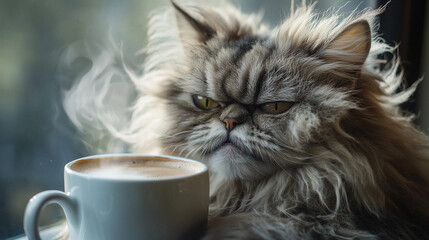 Fototapeta premium Grumpy fluffy persian cat staring at steaming coffee cup by the window on the morning
