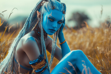 Blue Alien Princess Photoshoot, Seated Left Covered
