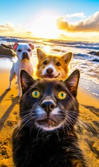Obraz premium Fun in the sun: a beach selfie with furry companions.