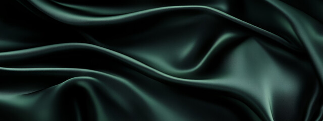 Fototapeta premium Black aventurine green silk background. Luxurious drapery folds with shimmering glitter and soft gradients. Blank design.