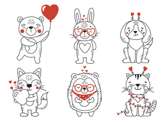 Love line animals set isolated, cute valentines animals, kids illustration, line design
