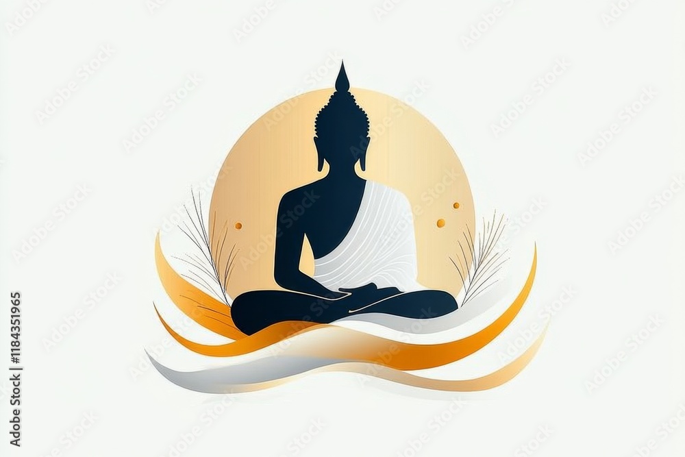 Poster a minimalist design of a golden buddha statue silhouette framed by a simple outline of an ubosot roo