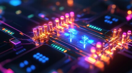 Fototapeta premium Quantum network infrastructure with illuminated quantum circuits, entangled particles, and seamless data transfer