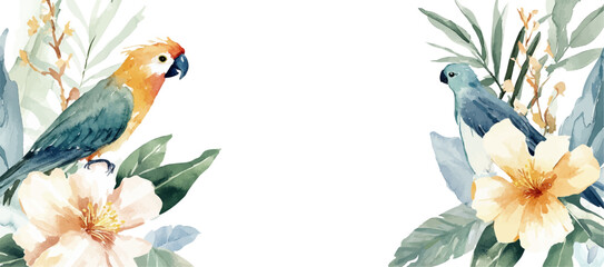 Obraz premium Vector watercolor parrot on palm leaves, summer poster background, summer travel web banner, monstera, palm day, tropical leaves, flowers 