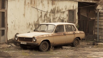 Rusted vintage car parked near dilapidated building.