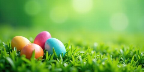 Fototapeta premium Colorful Easter eggs nestled in vibrant green grass