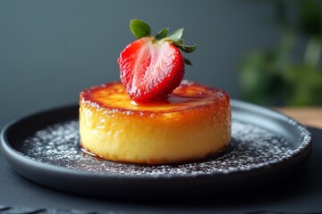 Caramelized crème brûlée topped with a fresh strawberry symbolizing culinary elegance