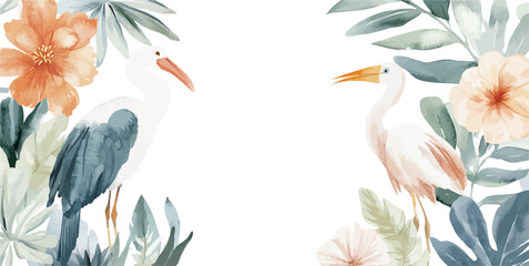 Vector watercolor Waterfowl

 on palm leaves, summer poster background, summer travel web banner, monstera, palm day, tropical leaves, flowers	
