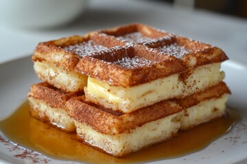 French toast with honey drizzle on a white plate symbolizing comfort and indulgence