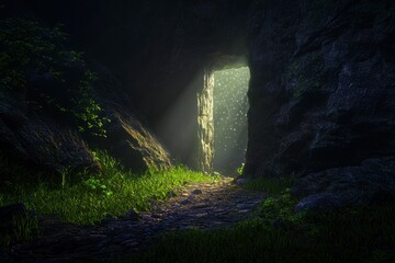 Enchanted Cave Entrance with Bright Light Illuminating a Pathway Surrounded by Lush Greenery and Rock Formations in a Mystical Forest Setting
