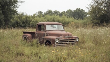 Fototapeta premium Rusted vintage pickup truck abandoned in a field of wildflowers.