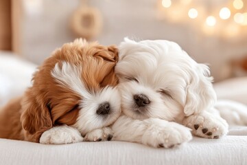 A pair of Shih Tzu puppies cuddling together, their little noses touching in a sweet moment