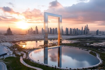 Fototapeta premium A panoramic view of the Dubai Frame, capturing both old and new Dubai within its giant rectangular outline
