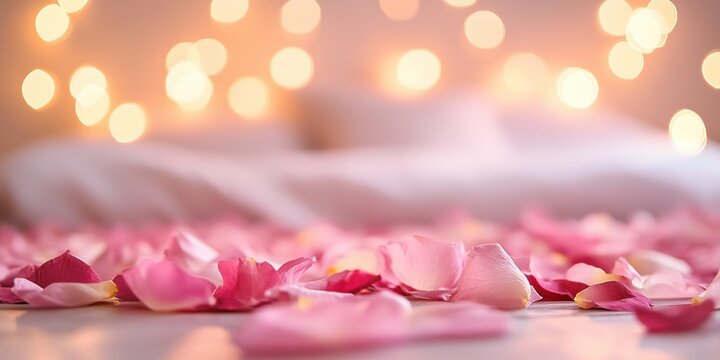 Romantic atmosphere with pink rose petals on soft bed focused backdrop
