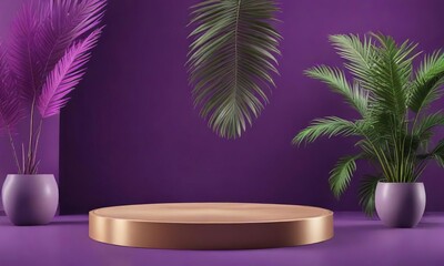 Obraz premium abstract purple background with podium and tropical palm leaves in focus , tropical plants, , purple backdrop