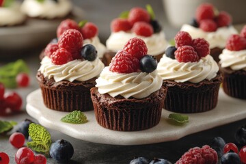 Chocolate cupcakes with berries and cream symbolizing indulgence and sweetness