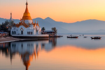 Naklejka premium A peaceful scene of a riverside ubosot, with boats gently floating nearby and the temple reflecting in the water