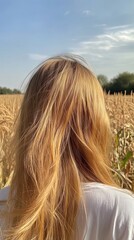 Golden Blonde Hair in a Wheat Field Under Sunny Sky