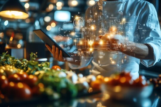 A chef updating recipes on a tablet in a high-tech kitchen, with fresh ingredients laid out