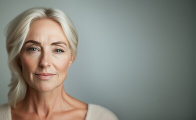 Smiling mature woman showing improved skin after anti-aging treatment, glowing and youthful.