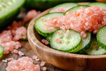Fresh cucumber slices topped with red caviar and herbs