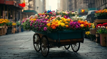 A vibrant flower cart on a city street filled with colorful blooms and greenery