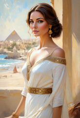 A painting of ancient Egypt with a view of the pyramids and an Egyptian princess.