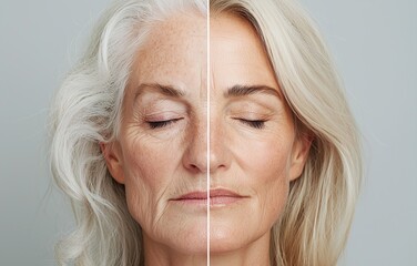Before and after of a smiling woman, showcasing improved skin tone and reduced signs of aging.