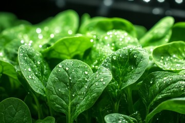 Fresh green spinach leaves with water droplets