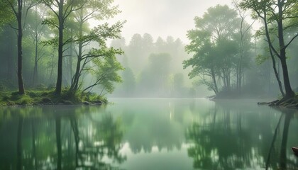 Fototapeta premium Misty morning landscape with blurred trees and a serene lake against an abstract light green background with bokeh effect , serene lake, landscape photography