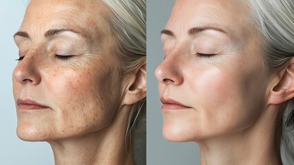 Before and after photo of a woman highlighting skin changes, visible aging signs and glowing improvement, perfect for anti-aging cream and skincare treatment ads.