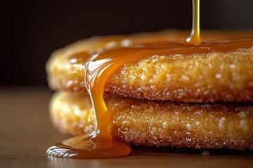 Stack of pancakes dripping with golden syrup close-up