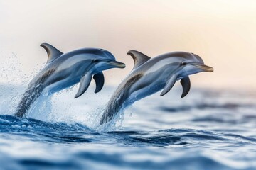 Obraz premium A playful pod of dolphins swimming near the surface, with their sleek bodies leaping out of the water