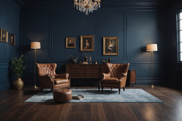 Vintage old room with leather armchair and wooden flooring in classic style and a lot of suitcases with blue wall. Copy space. Vogue and luxury.