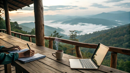 Fototapeta premium Serene Mountain View with Laptop and Coffee at Wooden Table