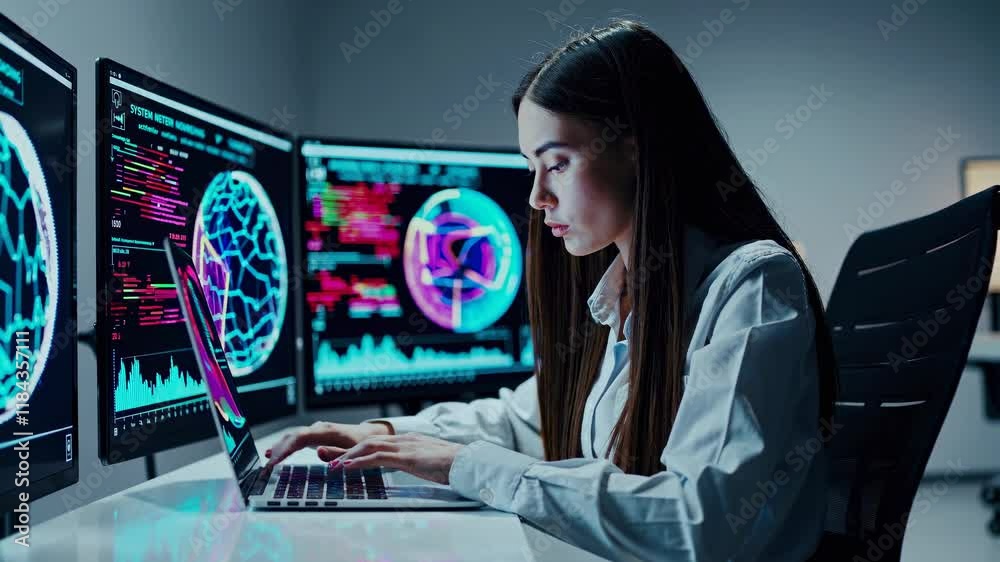 Leinwandbilder professional in lab coat analyzes brain activity using advanced computer systems at research facilit