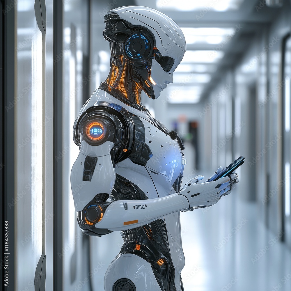Poster futuristic android using tablet, advanced technology, robotics, artificial intelligence