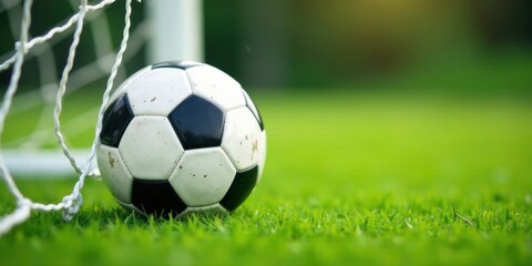 Fototapeta premium A close-up view of a slightly soiled soccer ball resting near a soccer goal on a vibrant green field