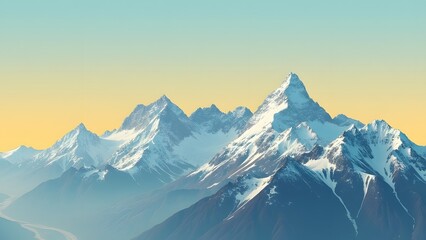 Obraz premium Minimalist Yellow Mountain Peaks, Snow-Capped Summits and Clear Blue Sky Travel Inspiration
