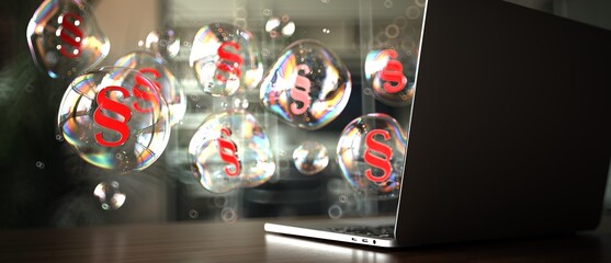3D illustration. Floating iridescent bubbles with legal symbols near a laptop in a contemporary workspace.