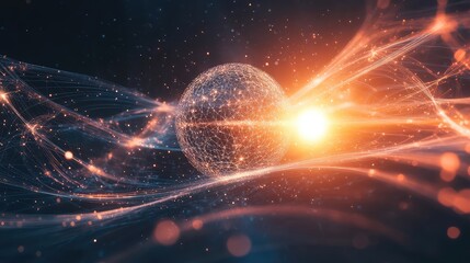 Quantum particle pair entangled by radiant, flowing waves of energy amidst a starry digital backdrop