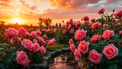 A vibrant rose garden at sunset, with orange and pink hues lighting up the sky, Roses in full bloom glisten with dew and surround a small, bubbling stream that winds through the garden.